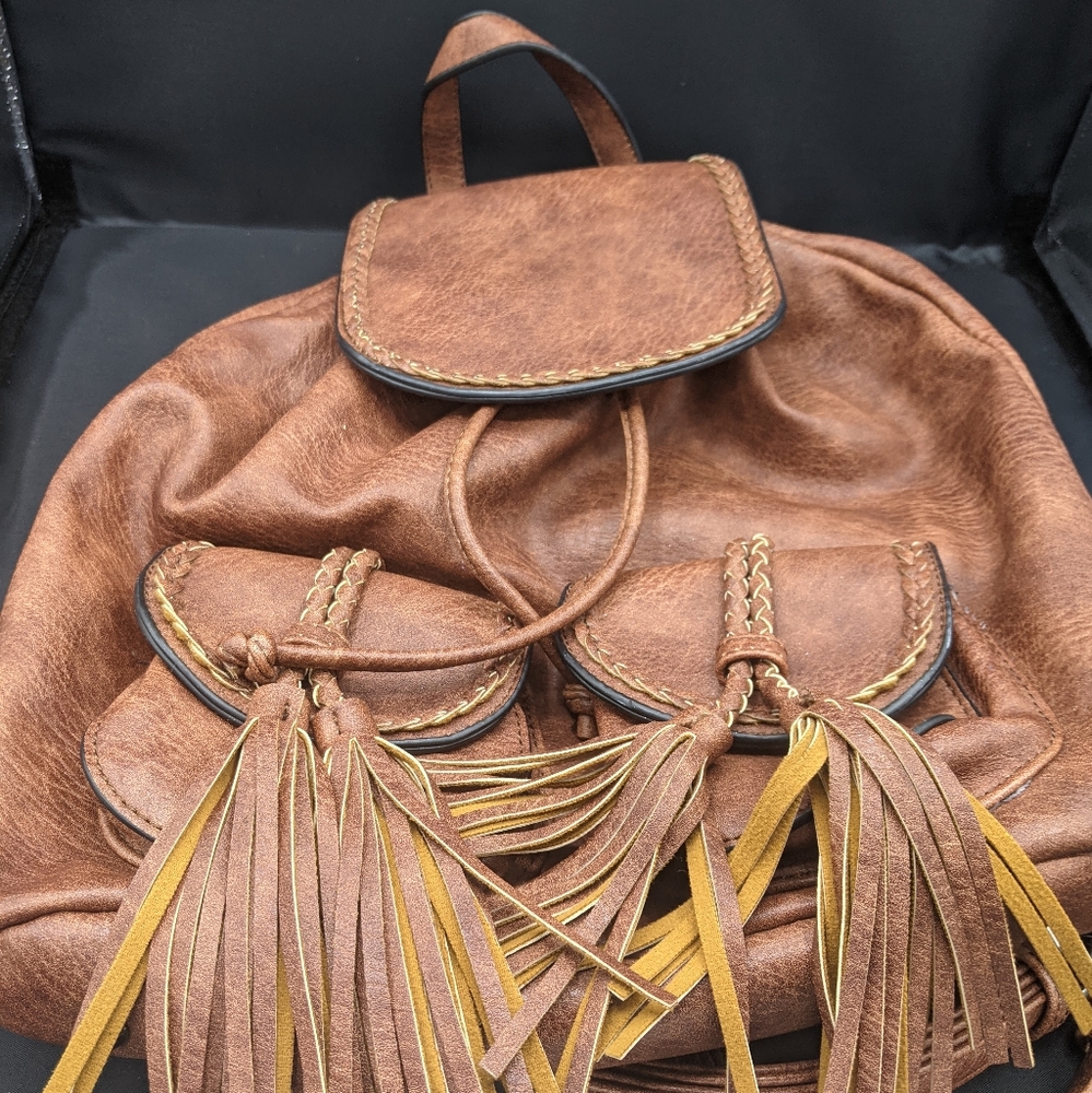 Antik Kraft Anthropology Purse Backpack Brown Vegan Leather Cute Fringe